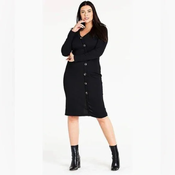 Simply Be Women's Black Side Button Ribbed Jersey Dress